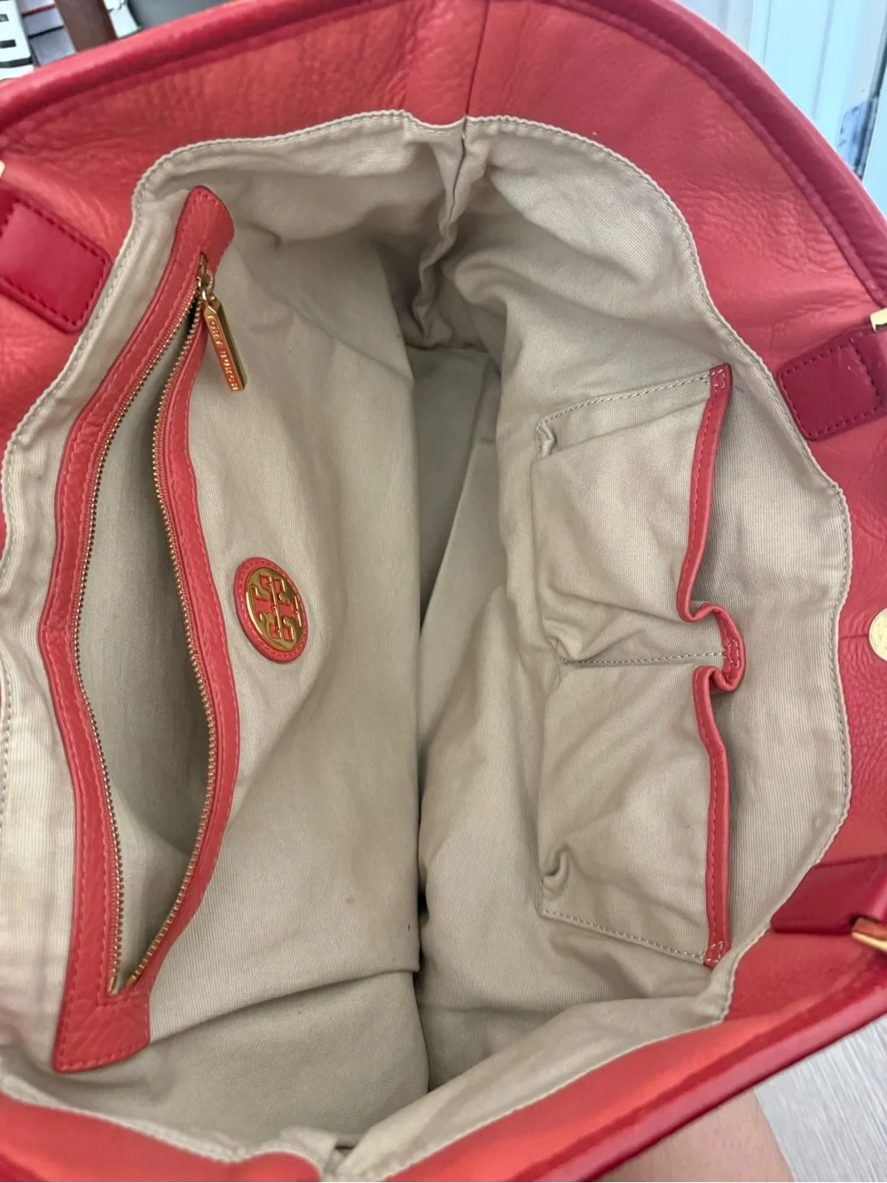 Tory Burch Two-Tone Pebbled Red Leather Tote with Logo Medallion